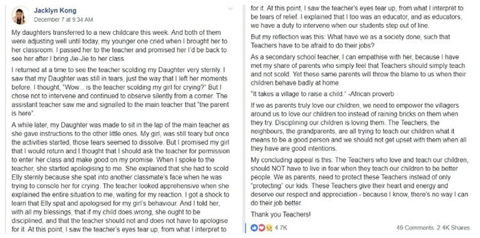 Mum supports teacher who scolded her daughter